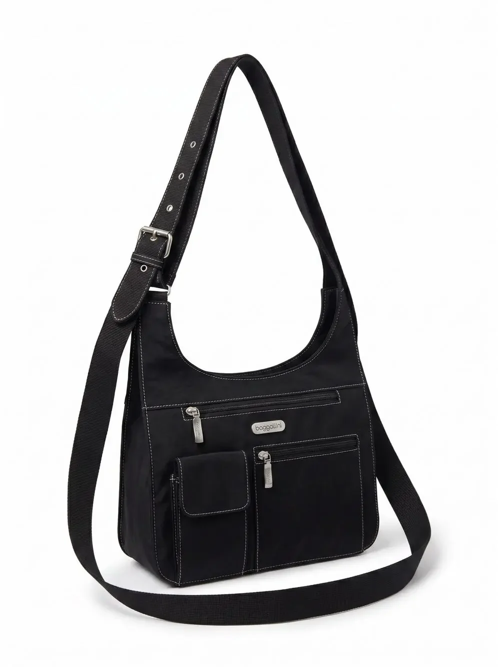 Baggallini City Bagg Black grunge nylon organizer travel crossbody hobo bag